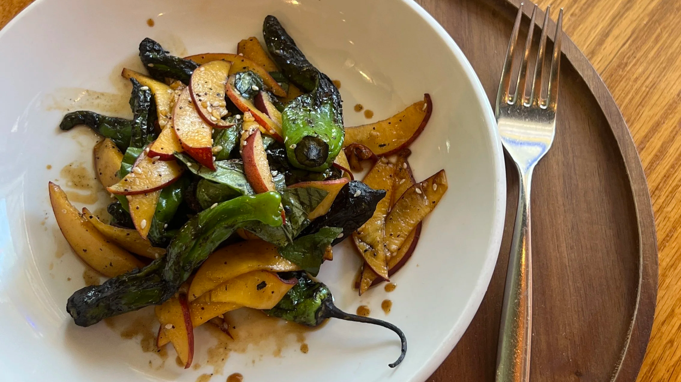 shoshito peppers & stonefruit summer small plate
