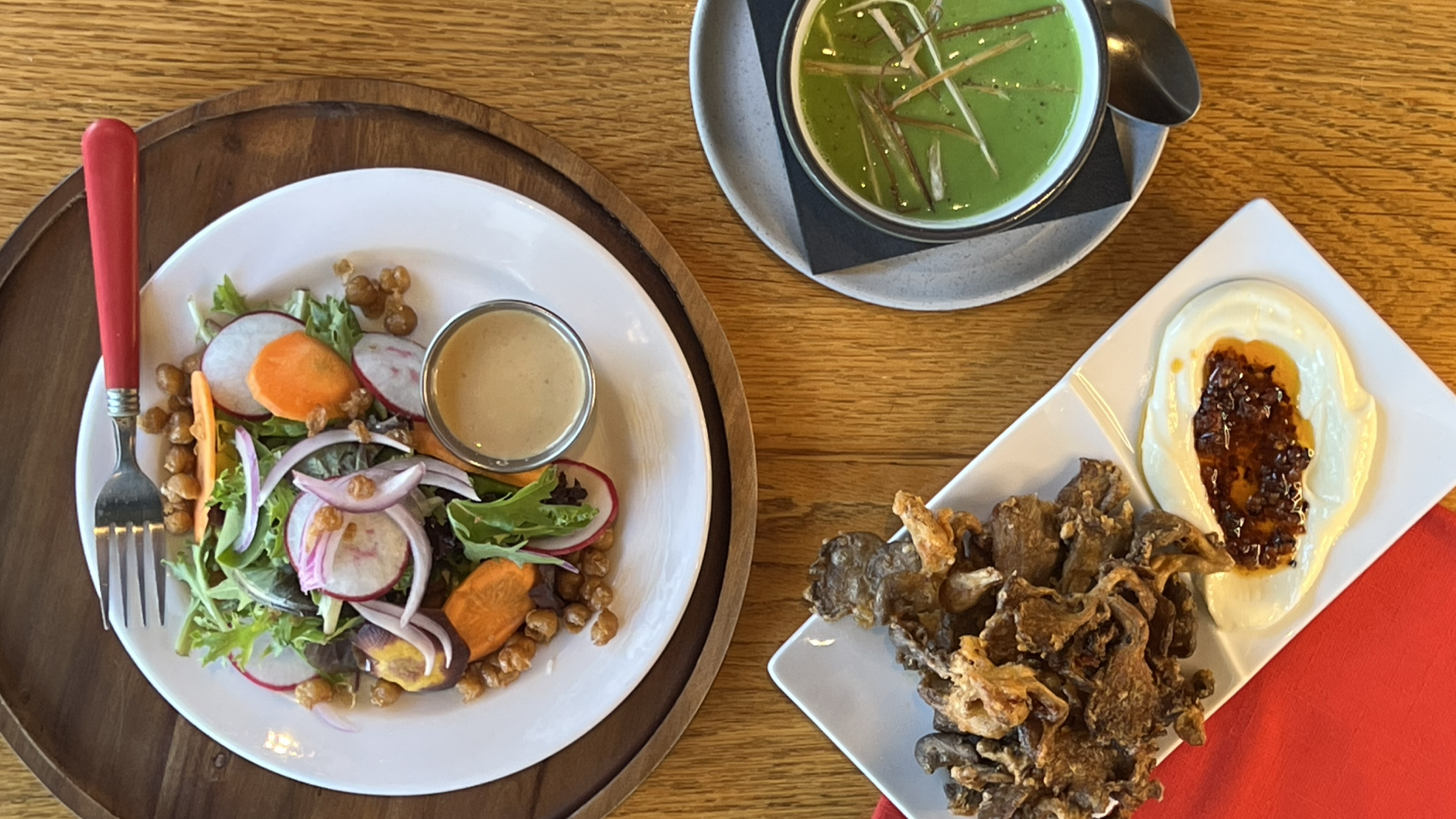 mixed greens salad, oyster mushroom, chilled pea and mint soup