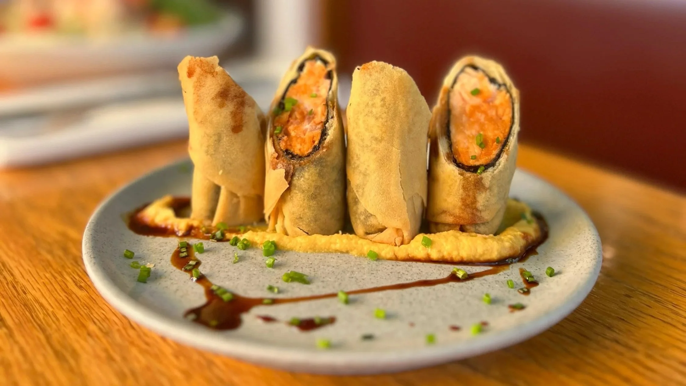 salmon cigar: fresh salmon belly, nori and lumpia wrapper, Chinese hot mustard