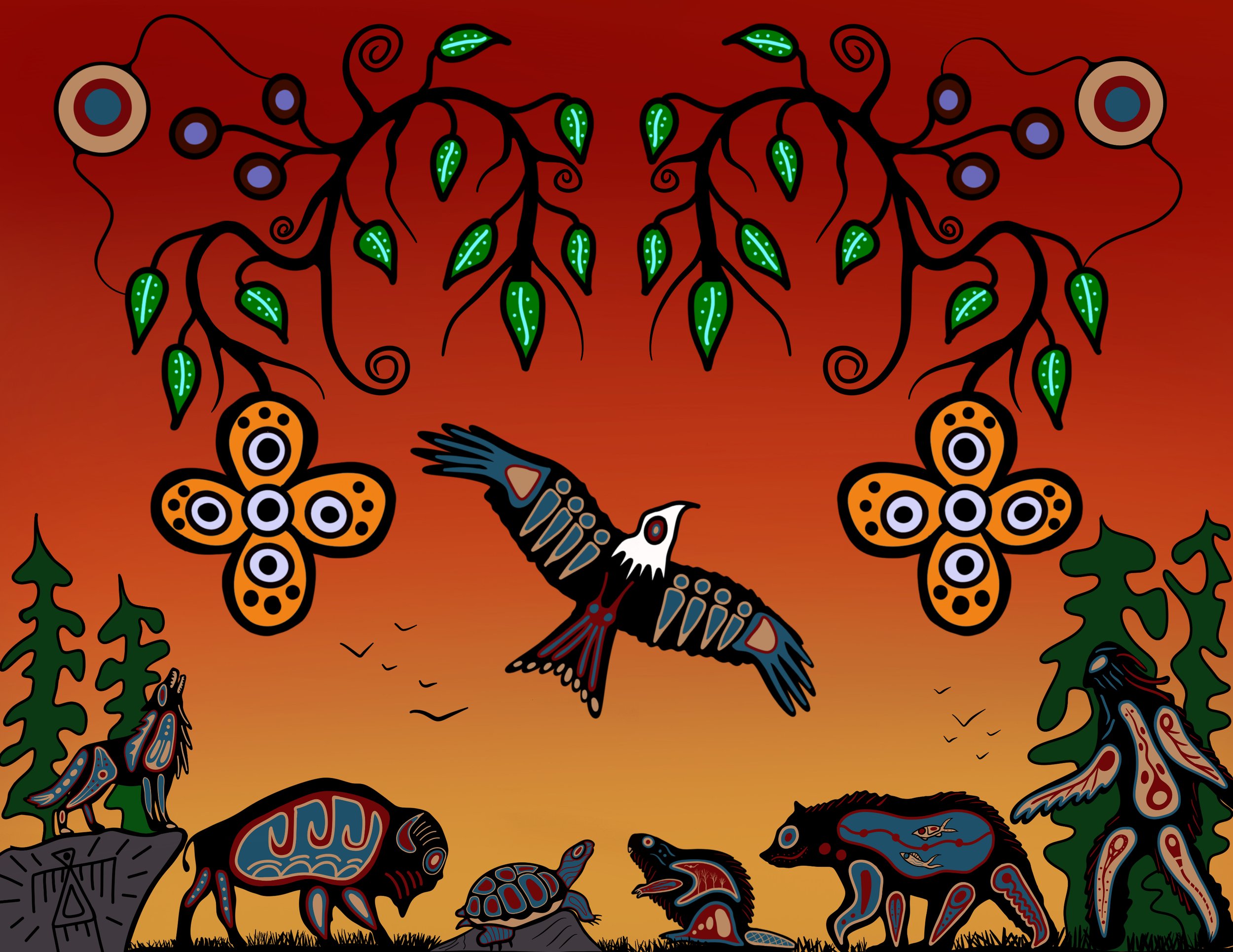 mage: Digital art created by Indigenous artist Cody James Houle depicting an eagle, buffalo, turtle, beaver, bear and Sabe, drawn in the Woodland style, on an orange background with florals in the sky.