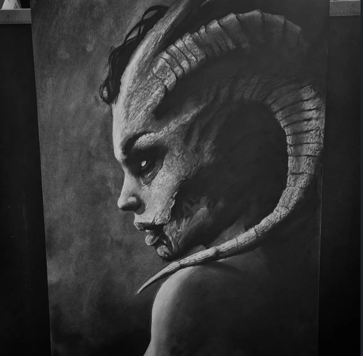 Charcoal drawing of a mythical demon creature with horns