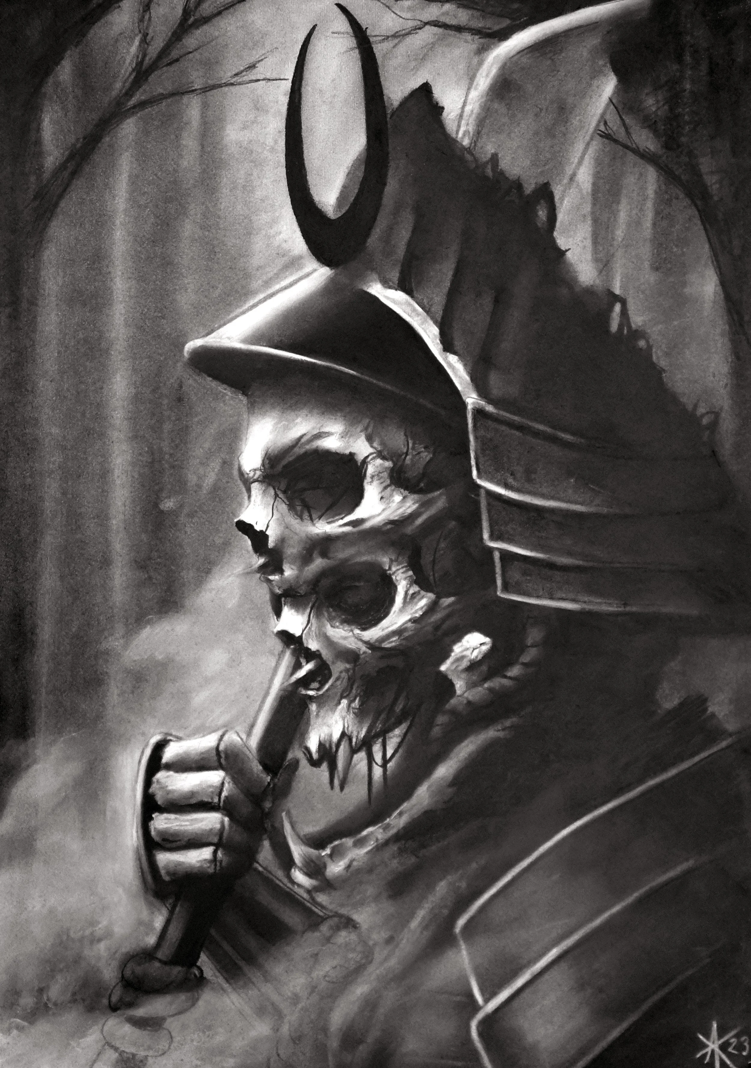 A grayscale illustration of a humanoid skeleton wearing a samurai helmet, holding a sword in a misty forest. The figure has a menacing and mysterious appearance.