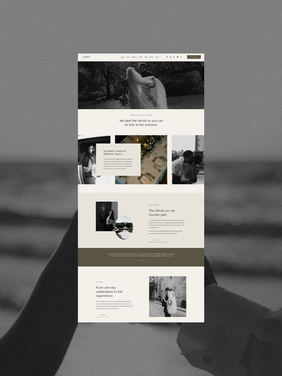 A webpage for a wedding planning service called LOUSA, featuring a black and white image of a bride and groom, sections with images and descriptions of wedding services, and quotes about planning and details.