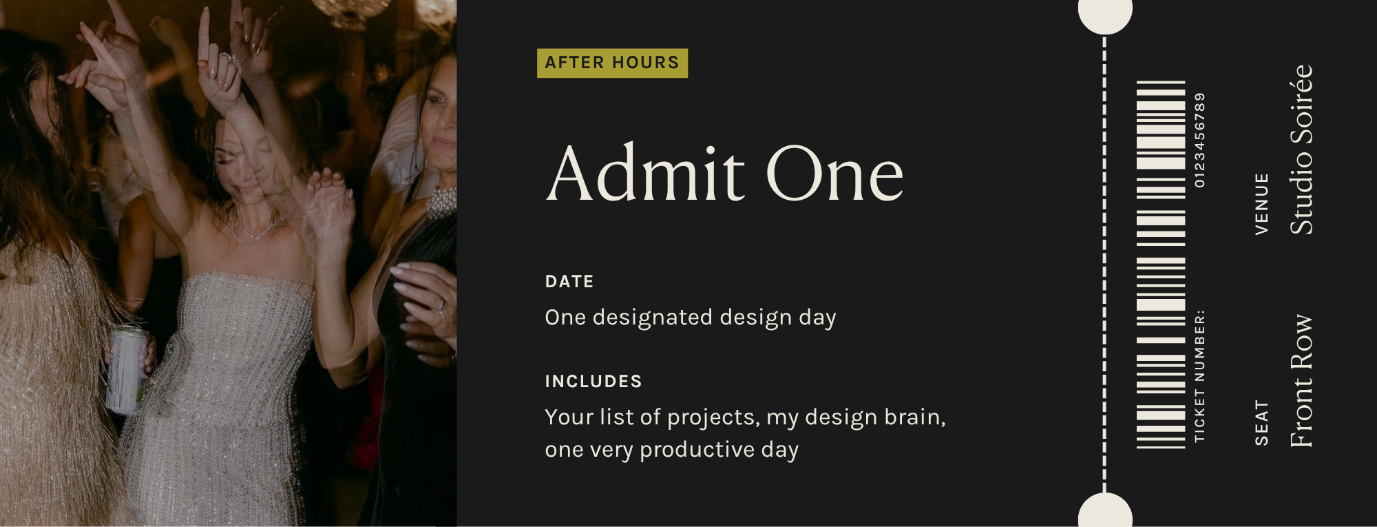 A concert or event scene with women dancing and socializing, some holding drinks, dressed in elegant attire. Overlayed on the left is a black event ticket with white text that reads 'Admit One,' with details about the event, including date, venue, and seat information.