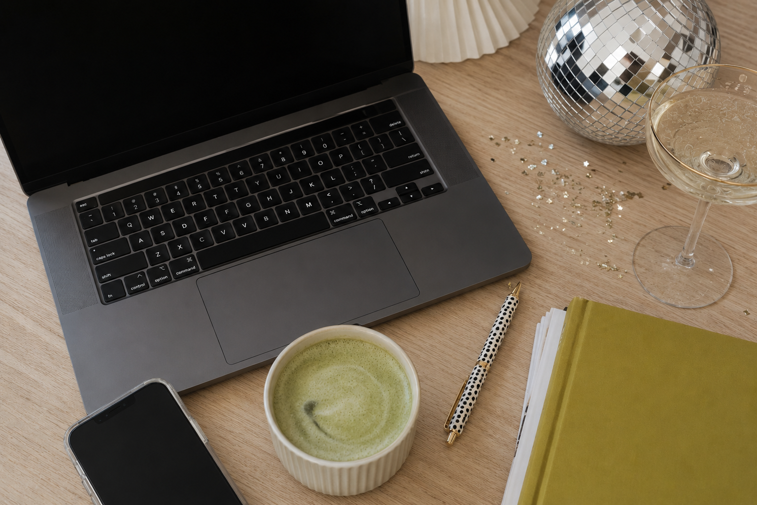 Flat lay of design tools and stationery on a desk — Studio Soirée website design for wedding professionals