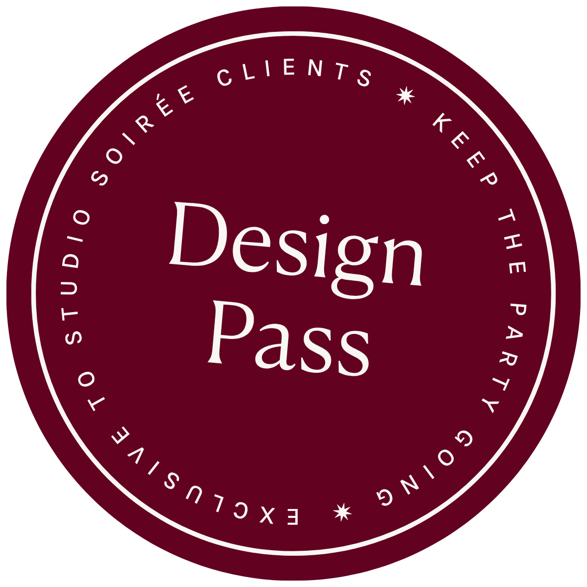 Circular logo with a maroon background and white text reading 'Design Pass.' Surrounding text says 'KEE P THE PARTY GOING' and 'TO SOIRÉE CLIENTS,' with small star icons—part of a design studio's branding.