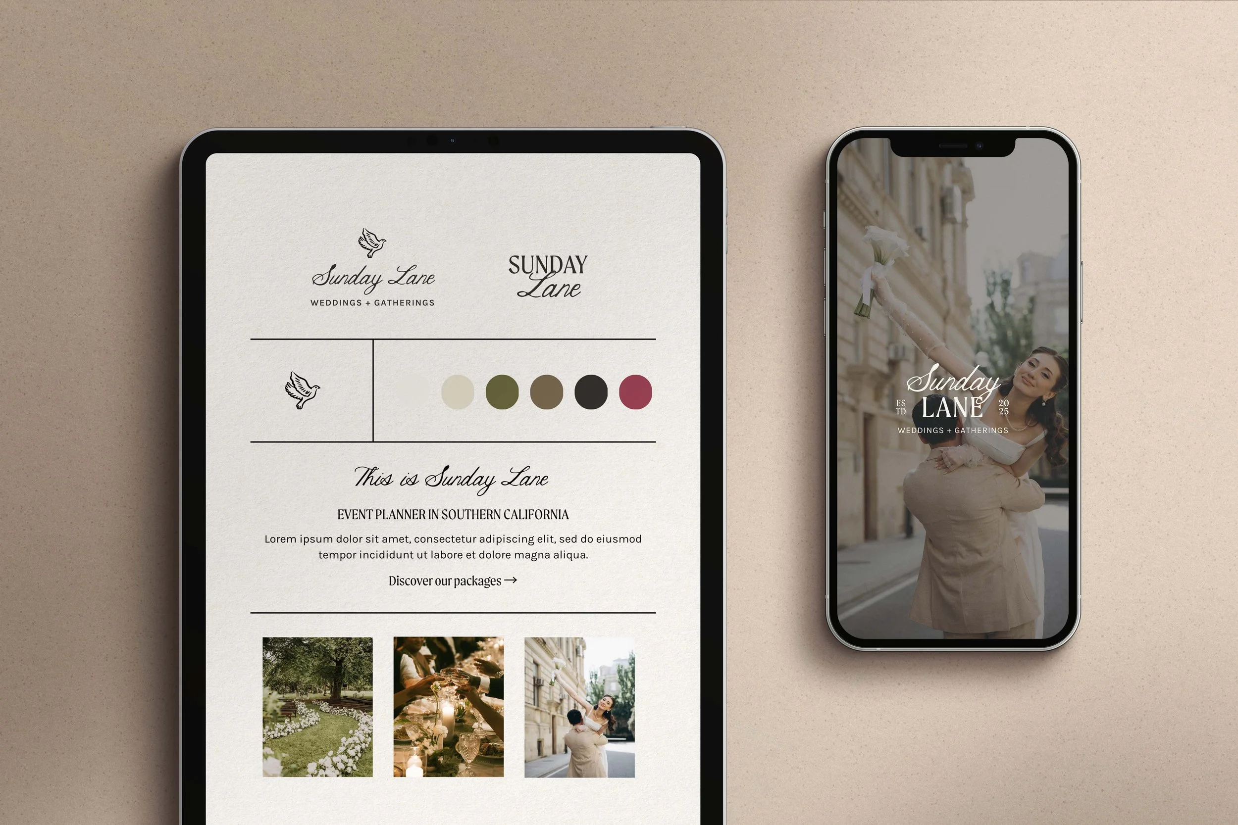 A tablet and a smartphone on a beige surface, displaying wedding and event planning graphics and photos. The tablet shows a design with color palette options and images of outdoor events, while the smartphone displays a woman in a wedding dress holding a bouquet.