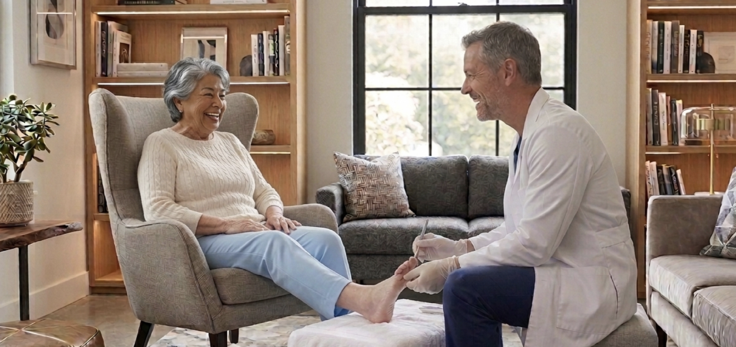 A doctor in a white coat examining an elderly woman with gray hair, sitting in a living room. The elderly woman is smiling and sitting comfortably in an armchair, while the doctor is kneeling and holding her foot. The room has wooden bookshelves, a window, and decorative pillows.