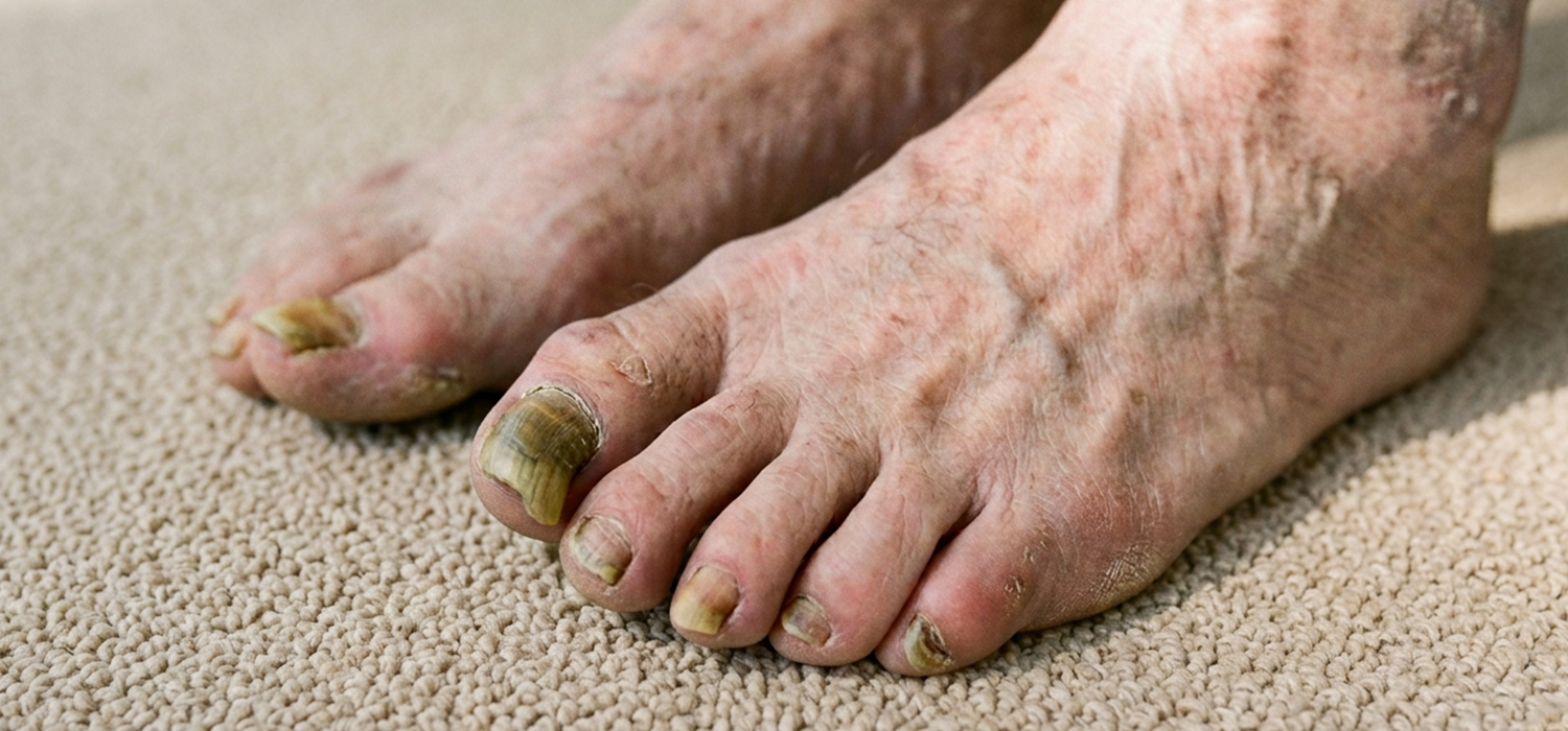 Close-up of severely damaged and discolored toes and toenails on a foot resting on a beige carpet.