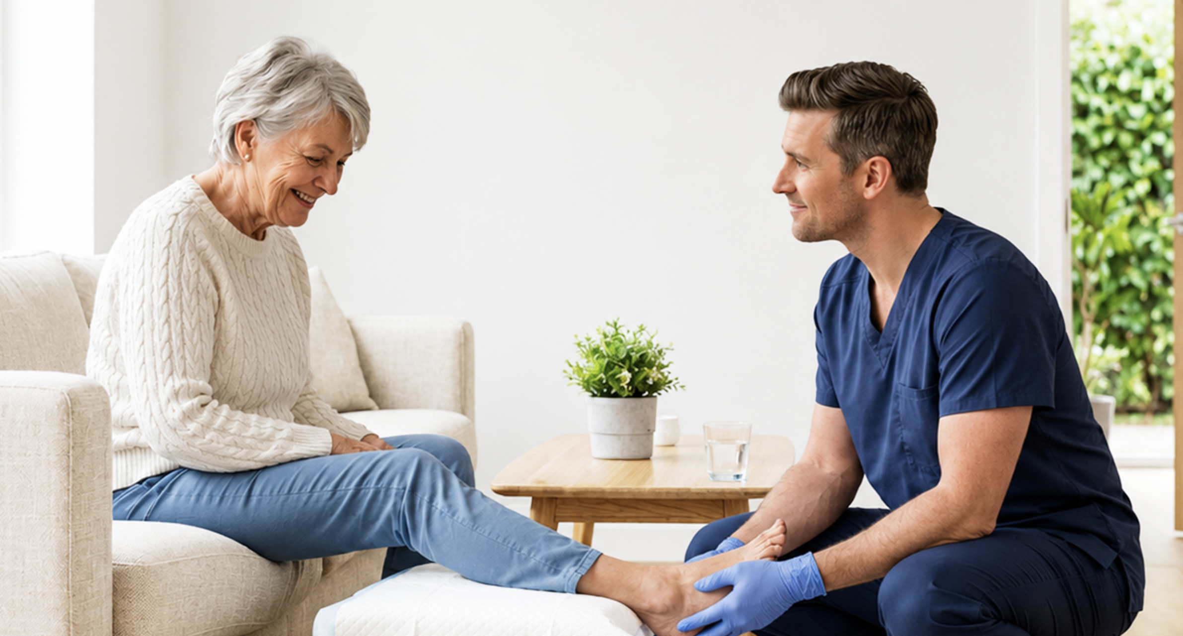 A nurse talking to an elderly woman who is resting on a couch with her legs elevated, while the nurse holds her foot for examination. They are in a bright, clean room with a white wall and a small table with a potted plant and a glass of water.