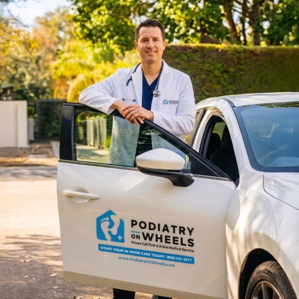 A male medical professional standing outside with one hand on an open car door. He is smiling and wearing a white coat and stethoscope. The car has a logo and text that reads 'Podiatry on Wheels,' advertising house call foot and ankle medical services.