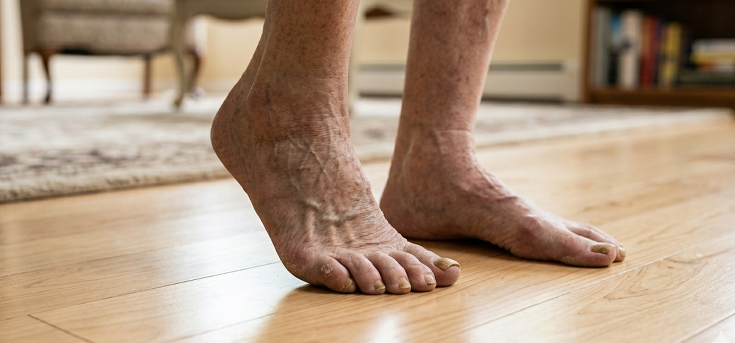 Close-up of an elderly person's bare feet on a hardwood floor, showing visible veins, dry skin, and toenails, with a blurred background of a living room.