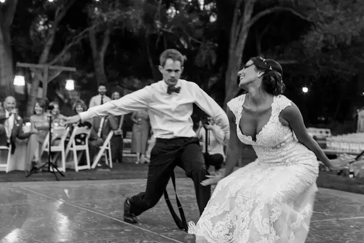 Bride and groom first dance at Temecula Creek Inn wedding photographed on black and white 35mm film
