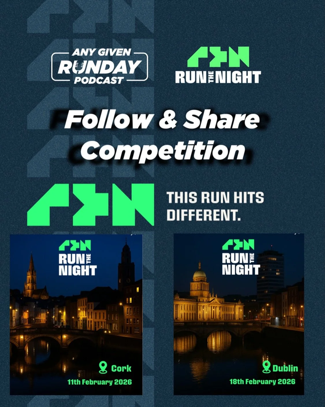 Win two tickets for the new Run The Night Series @runthenightseries in Cork on February 11th or Dublin on February 18th

To enter:

1️⃣ Make sure you&rsquo;re following both @anygivenrundaypodcast and @runthenightseries 

2️⃣ Tag a friend in the comm
