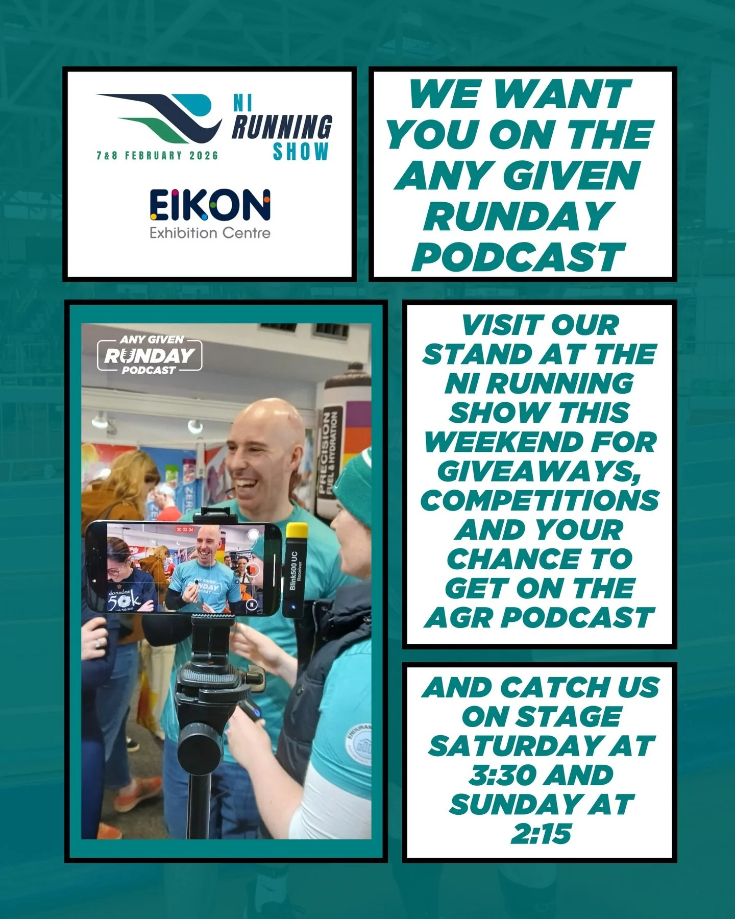 We&rsquo;re excited to be a part of the @nirunningshow this weekend in the Eikon Centre

Make sure you visit our stand for competitions, giveaways and your chance to be on the Any Given Runday podcast! 

We&rsquo;re also on stage this Saturday at 3:3