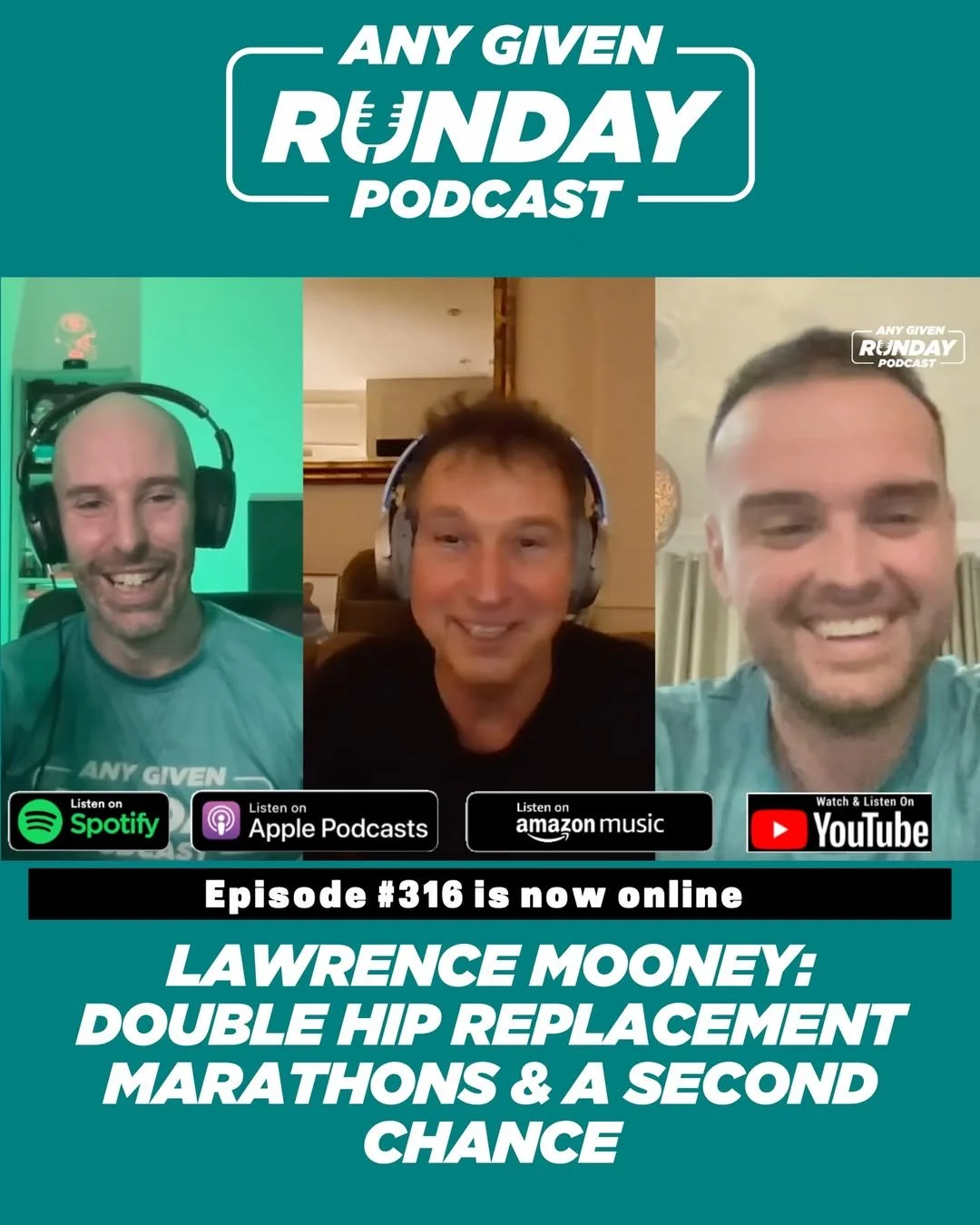 Lawrence Mooney on the Any Given Runday podcast, sharing his survival story following a cardiac arrest at the Tom Brennan 5k and his double hip replacement journey.