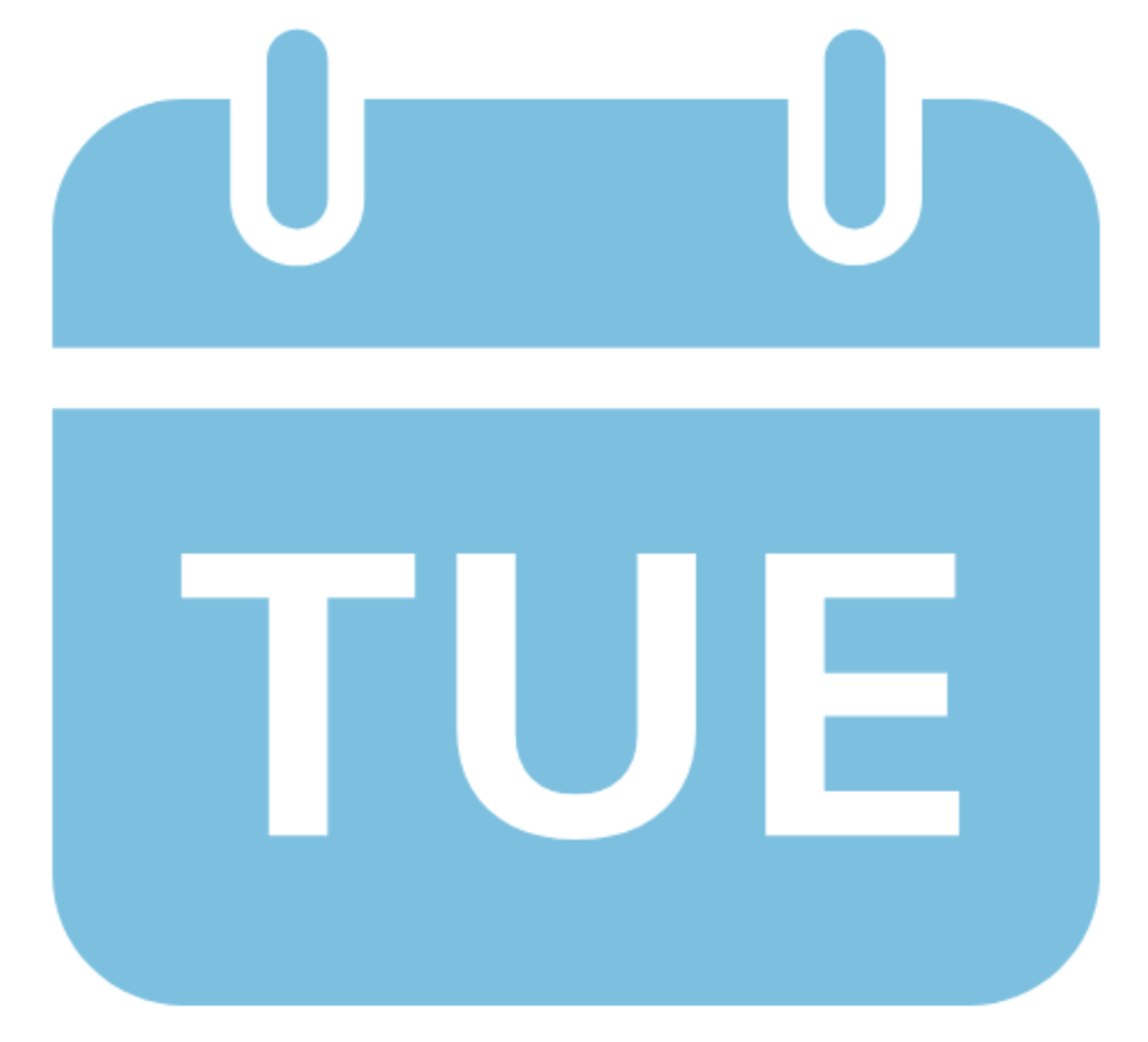 Text reading 'TUE' in large, bold, white letters on a light blue background with rounded corners, representing a calander.