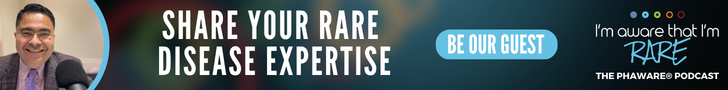 Banner for a podcast about rare disease expert sharing, featuring a smiling man with glasses and a dark shirt, with colorful dots and mentions of being a guest and the Phaware podcast.