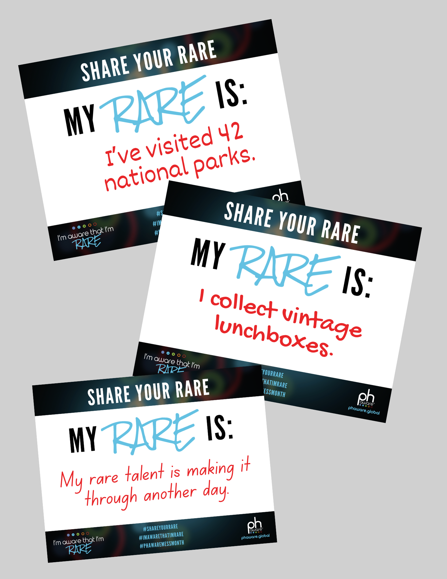 A promotional flyer encouraging people to share their rare talents, with a highlighted message about visiting 42 national parks, and a note about collecting vintage lunchboxes.