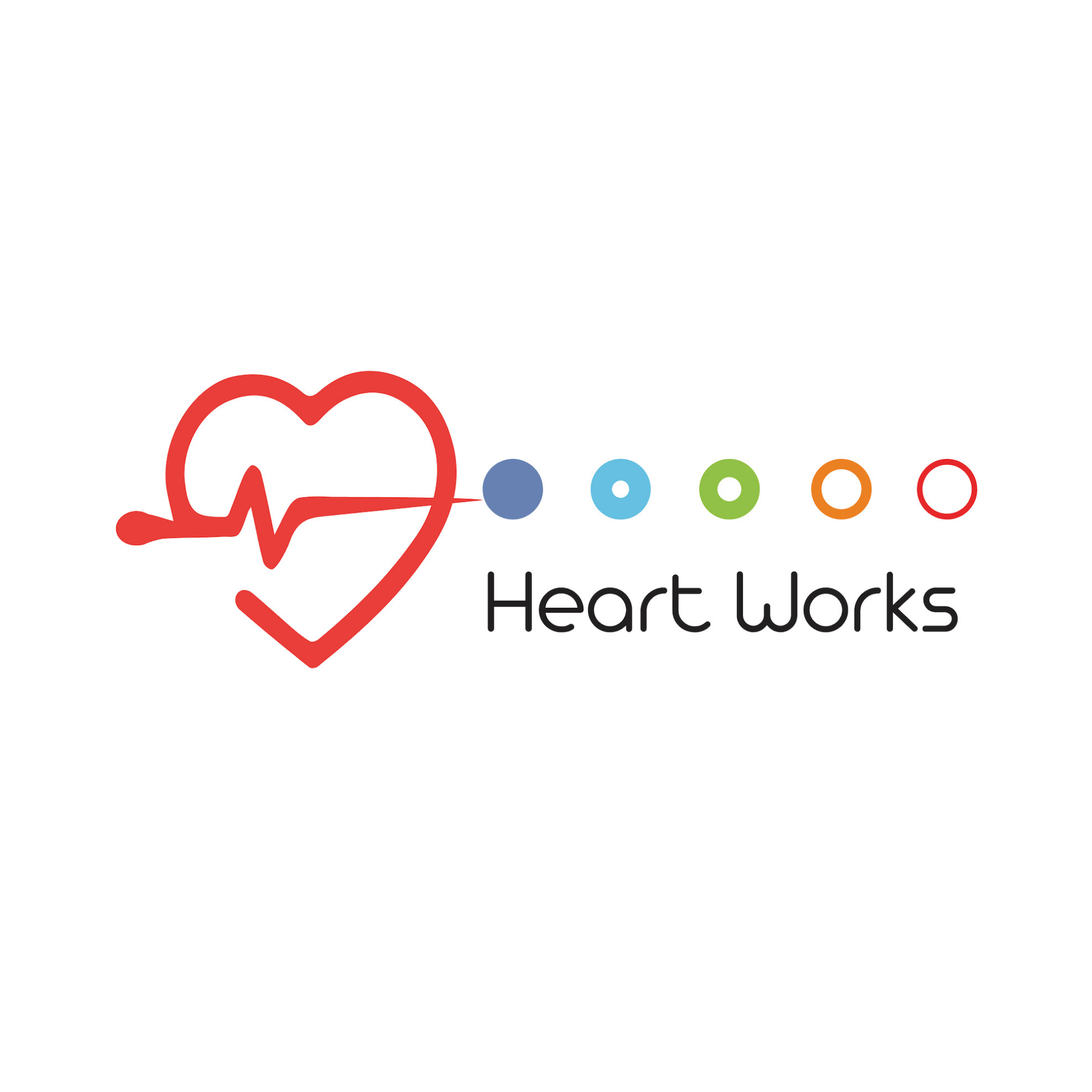 Logo for the Heart Works app, featuring a red outline of a heart with an electrocardiogram line inside and colorful circles above the text.