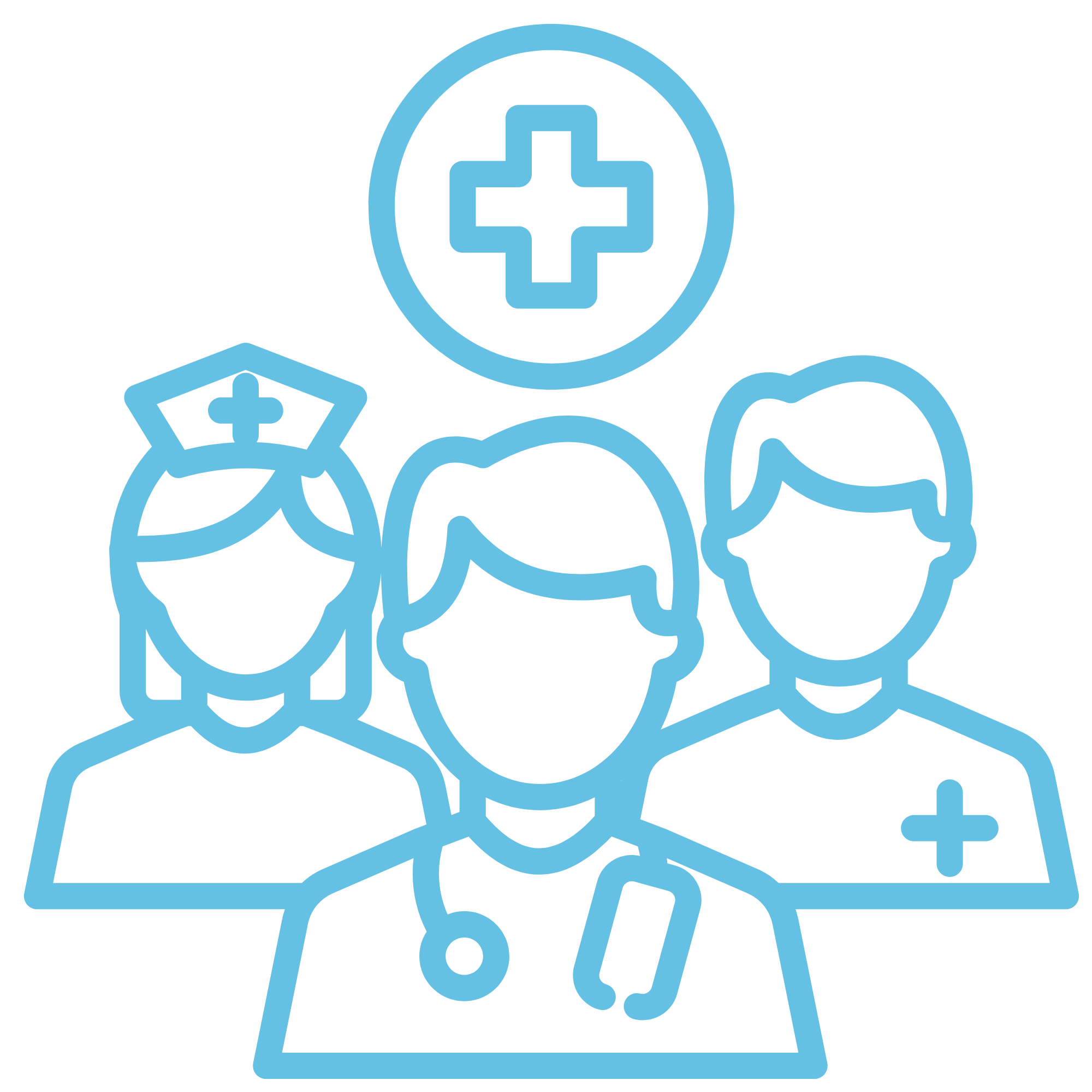 Light blue medical icons including a plus sign, doctor's,, nurses and a care team, on a white background.