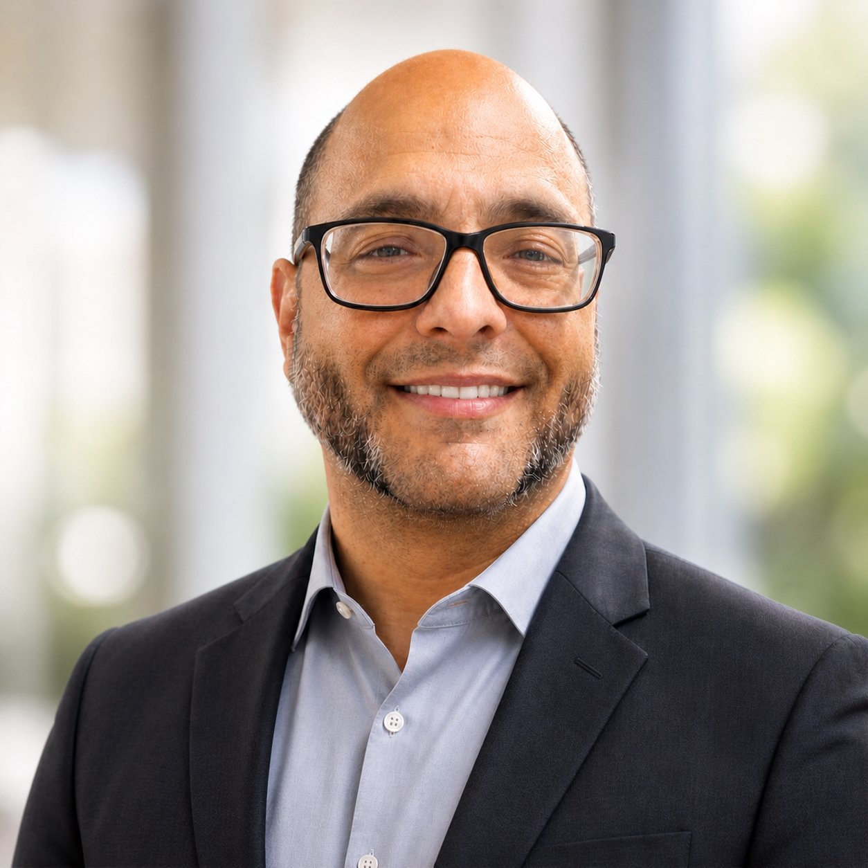 A smiling man with glasses, a beard, and a suit, posing indoors with a blurred background.