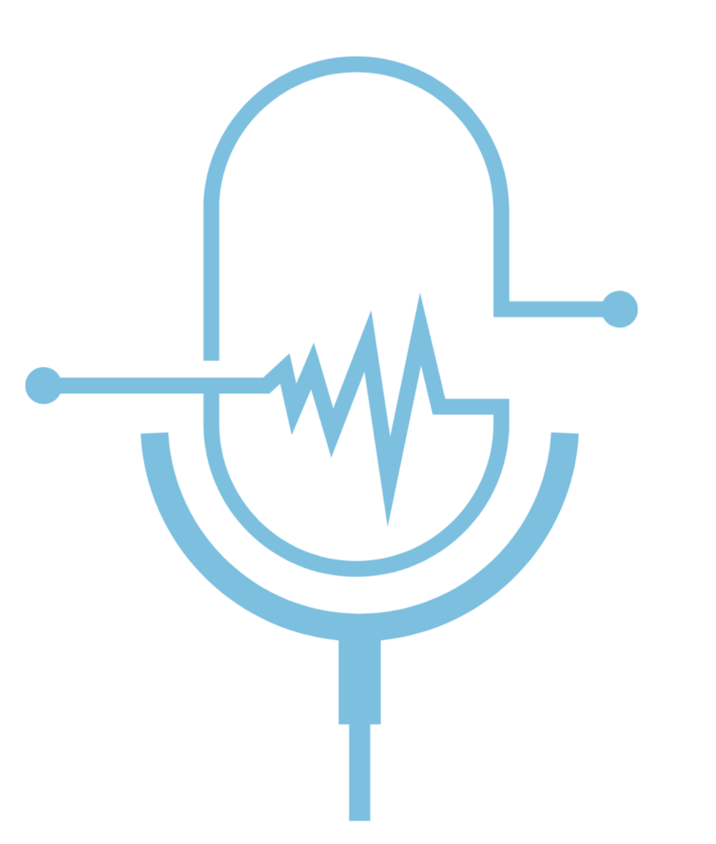 Line art of a vintage microphone with a waveform inside it, in blue outline.