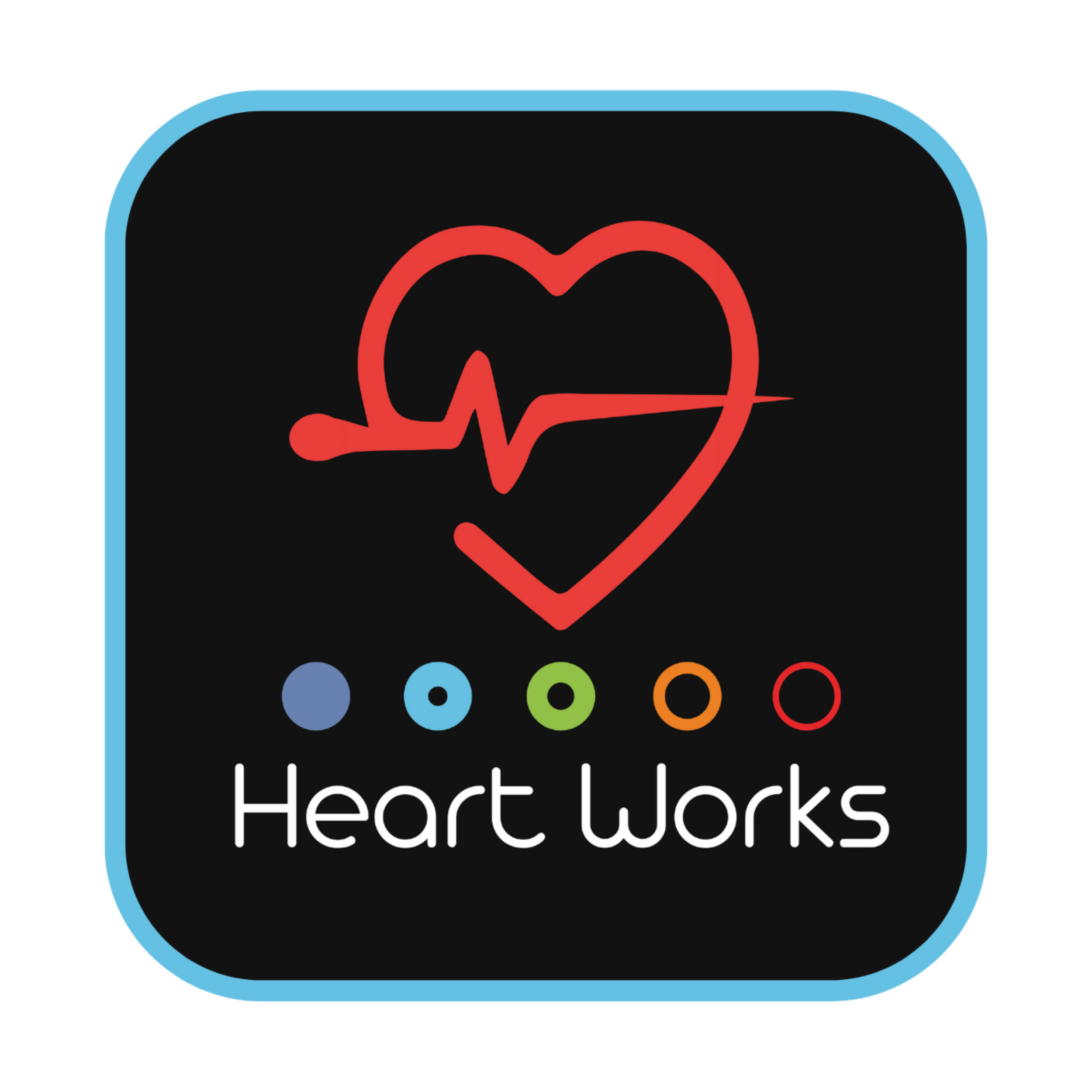 The logo for the HeartWorks app features a red heart with a stylized depiction of a stethoscope integrated into it, along with the text 'HeartWorks' in white across a black background and a rounded blue border.