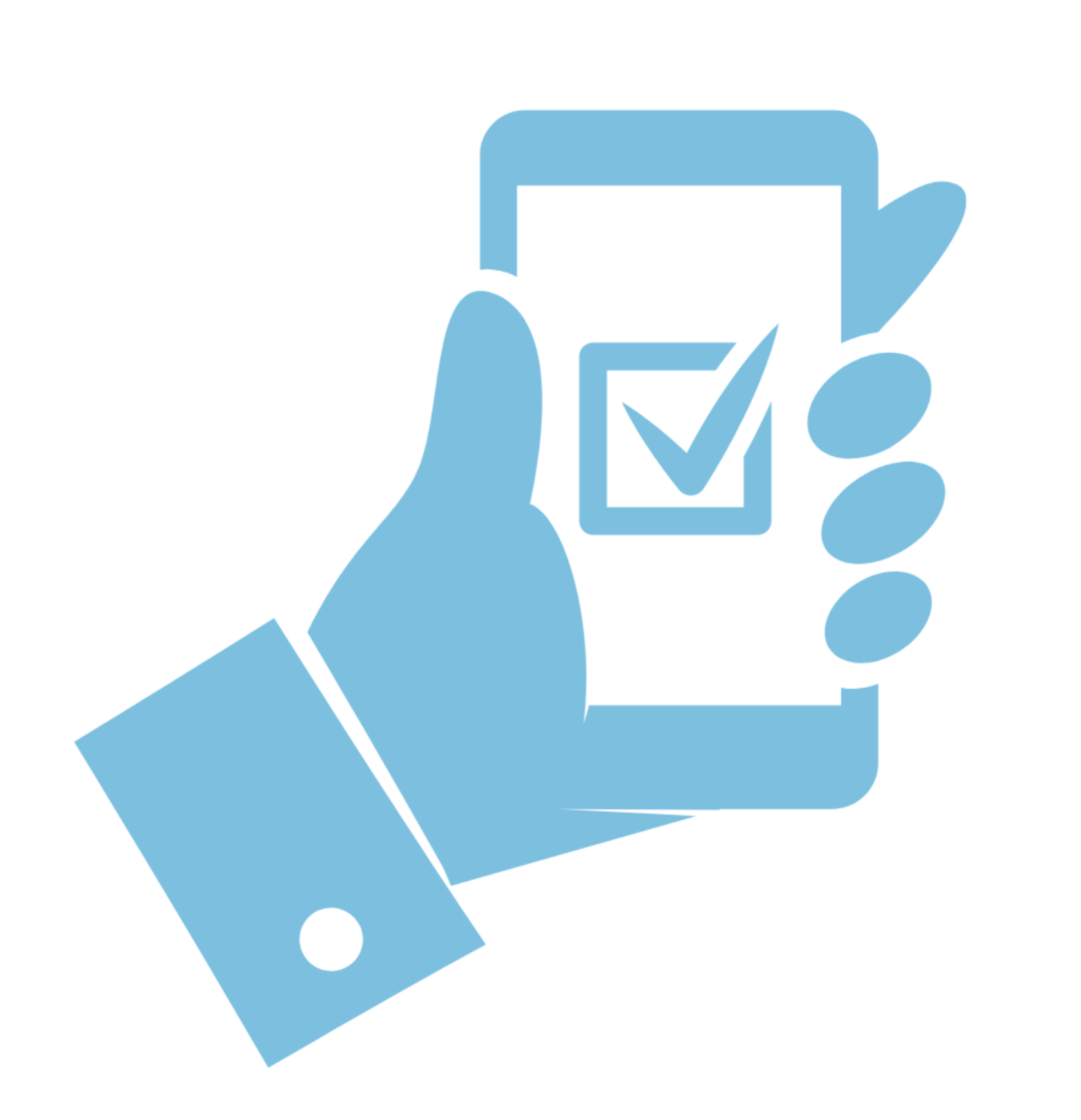 Light blue silhouette of a hand holding a smartphone displaying a checklist with a checkmark.