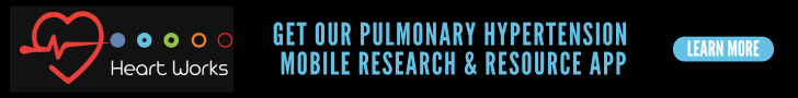 HeartWorks logo with a red heart and colorful dots, and text promoting pulmonary hypertension research app with a 'Learn More' button