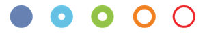 Colorful dots arranged in a horizontal line, from left to right: blue, light blue, green, orange, red.