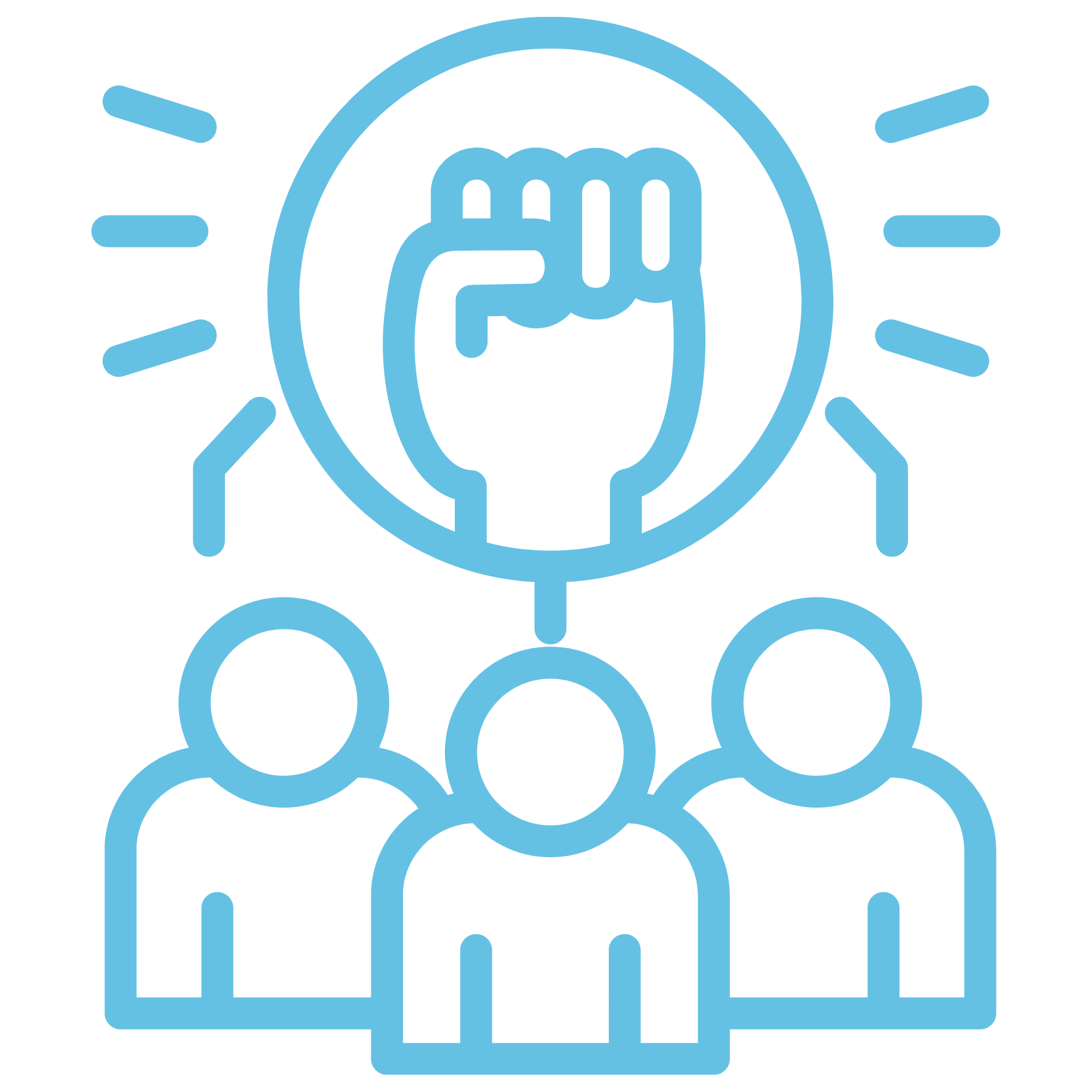 Blue outline icon of a person with a headset inside a circle, surrounded by 8 radiating lines, indicating customer service or communication.