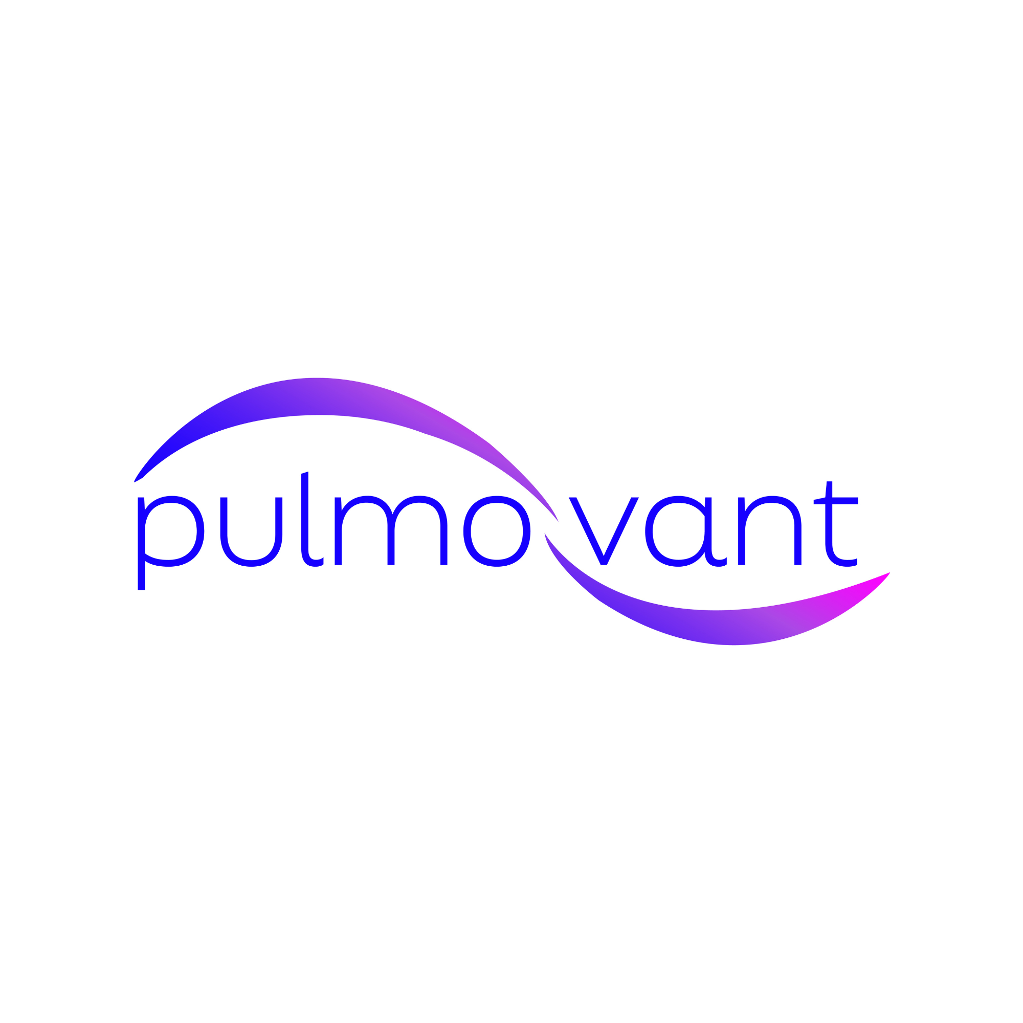 The logo of Pulmoverant featuring a purple and blue curved line above the company name in blue text.