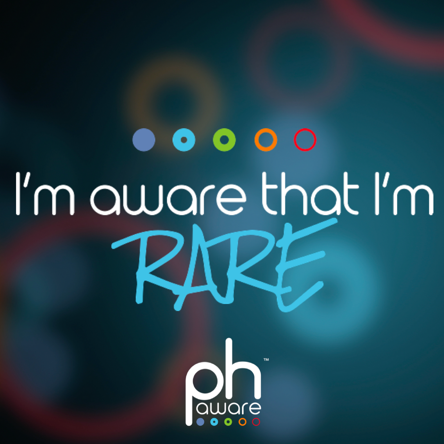A blurred background with colorful circles and the text 'I'm aware that I'm RARE' above the 'phaware' logo with five small colored circles.
