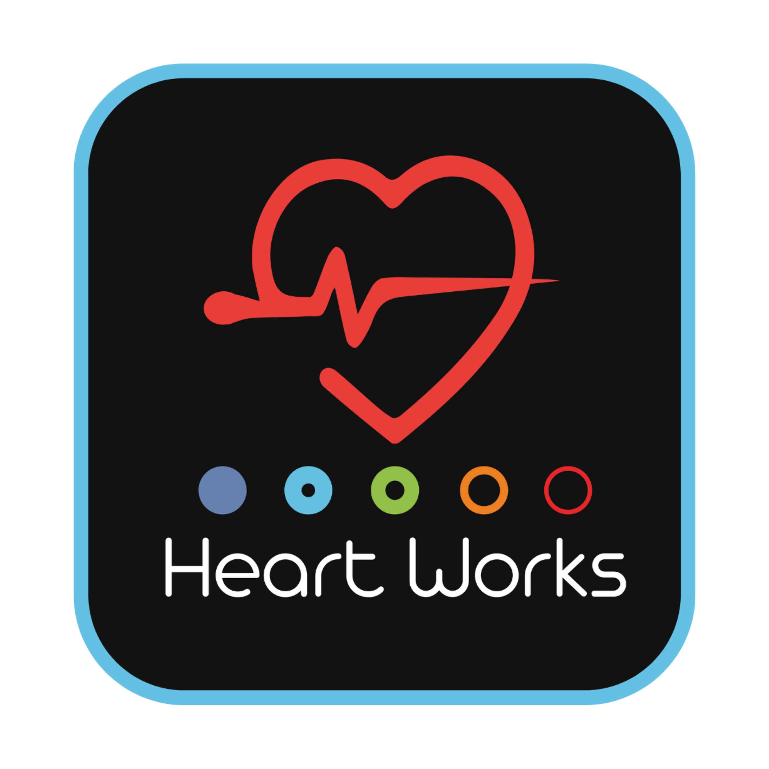 The logo of the Heart Works app, featuring a red heart with a pulse line, with the words 'Heart Works' in white text below, on a black background.
