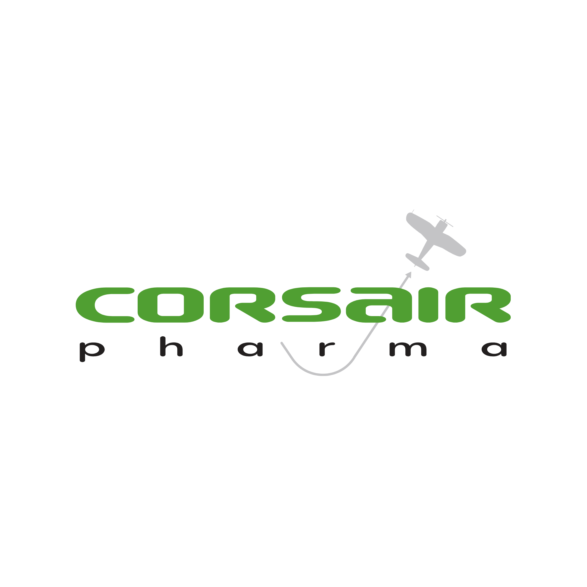 An illustration of an airplane flying above the green text 'CORSAIR' with some black text underneath.