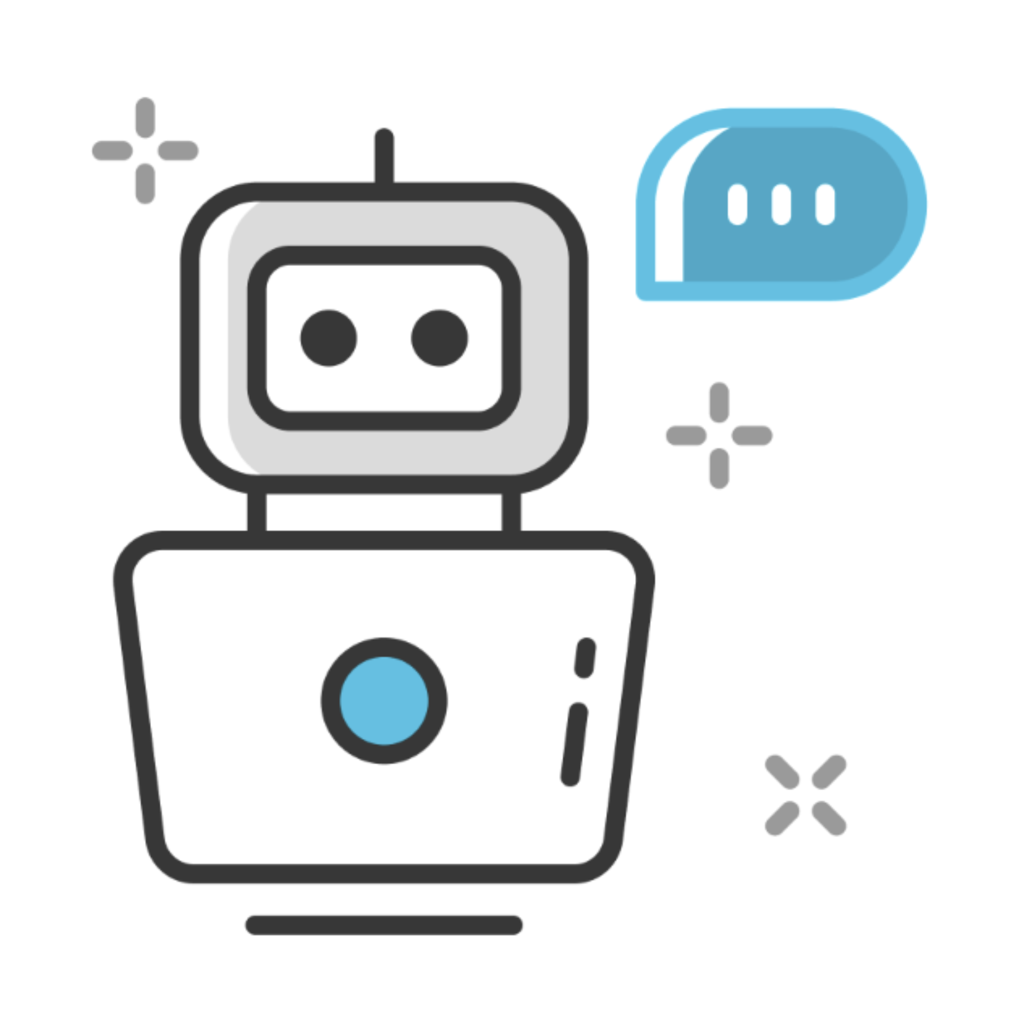 Illustration of a robot with a square head and antenna, connected to a computer monitor, with a speech bubble and gears, representing a chatbot feature.