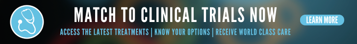 Banner advertising clinical trials with a medical icon and call to action for more information.