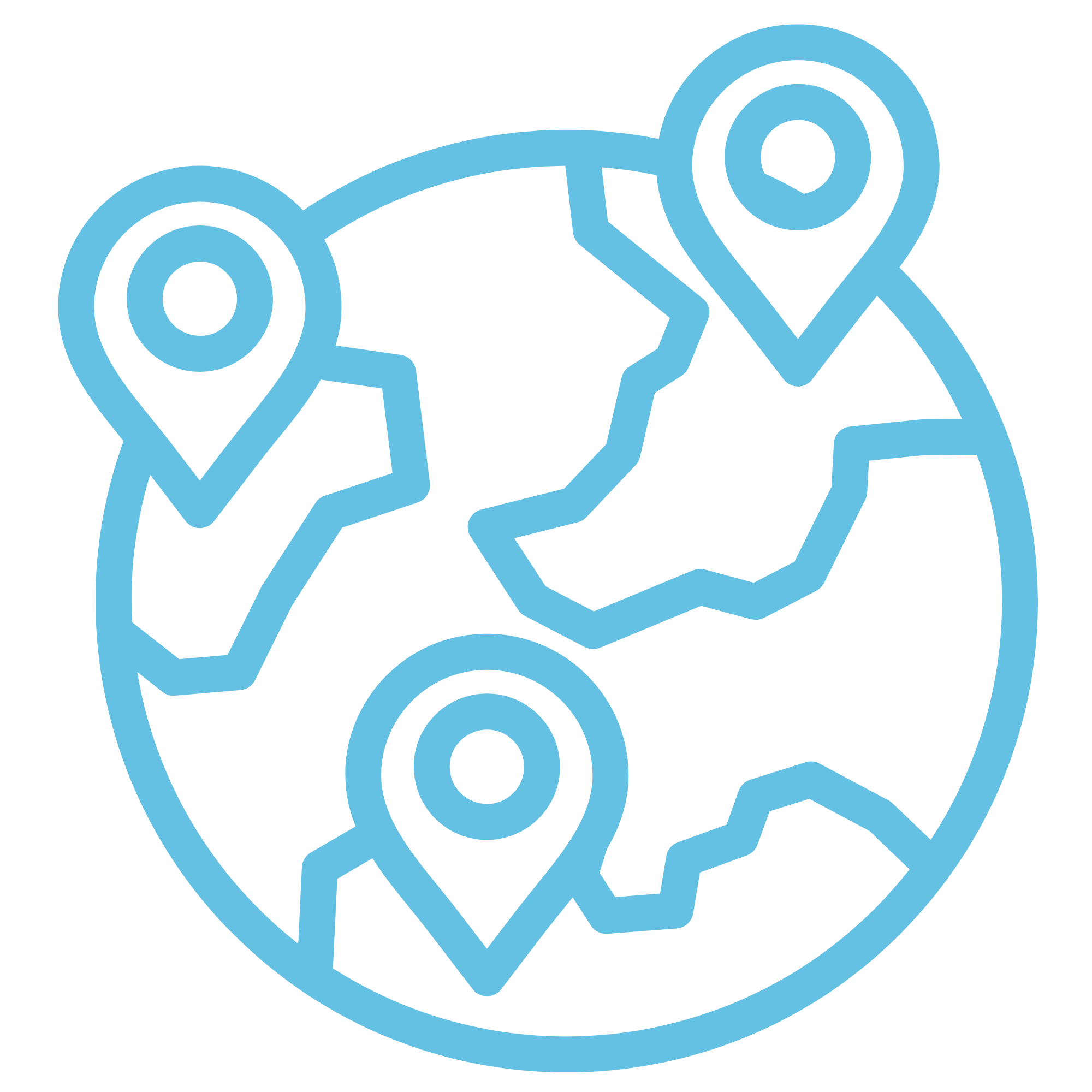 Blue outline illustration of a globe with a map marker pointing to different countries around the world.