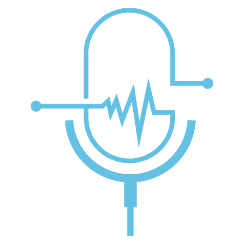 Line art of a vintage microphone with a waveform inside it, in blue outline.