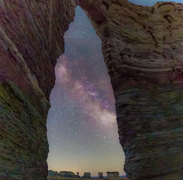 Night sky with stars and the Milky Way seen through a natural rock arch at sunset or dawn.