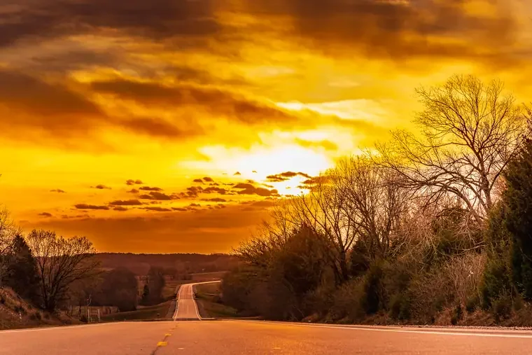 A rural road stretches into the distance with a dramatic orange and yellow sunset sky, leafless trees on both sides, and a few dark clouds.