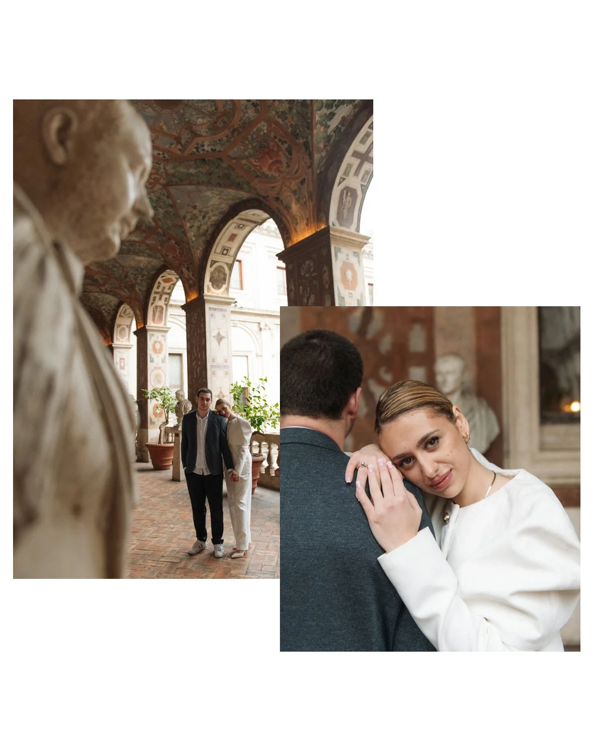 couple walking through Palazzo Altemps in Rome before proposal moment
