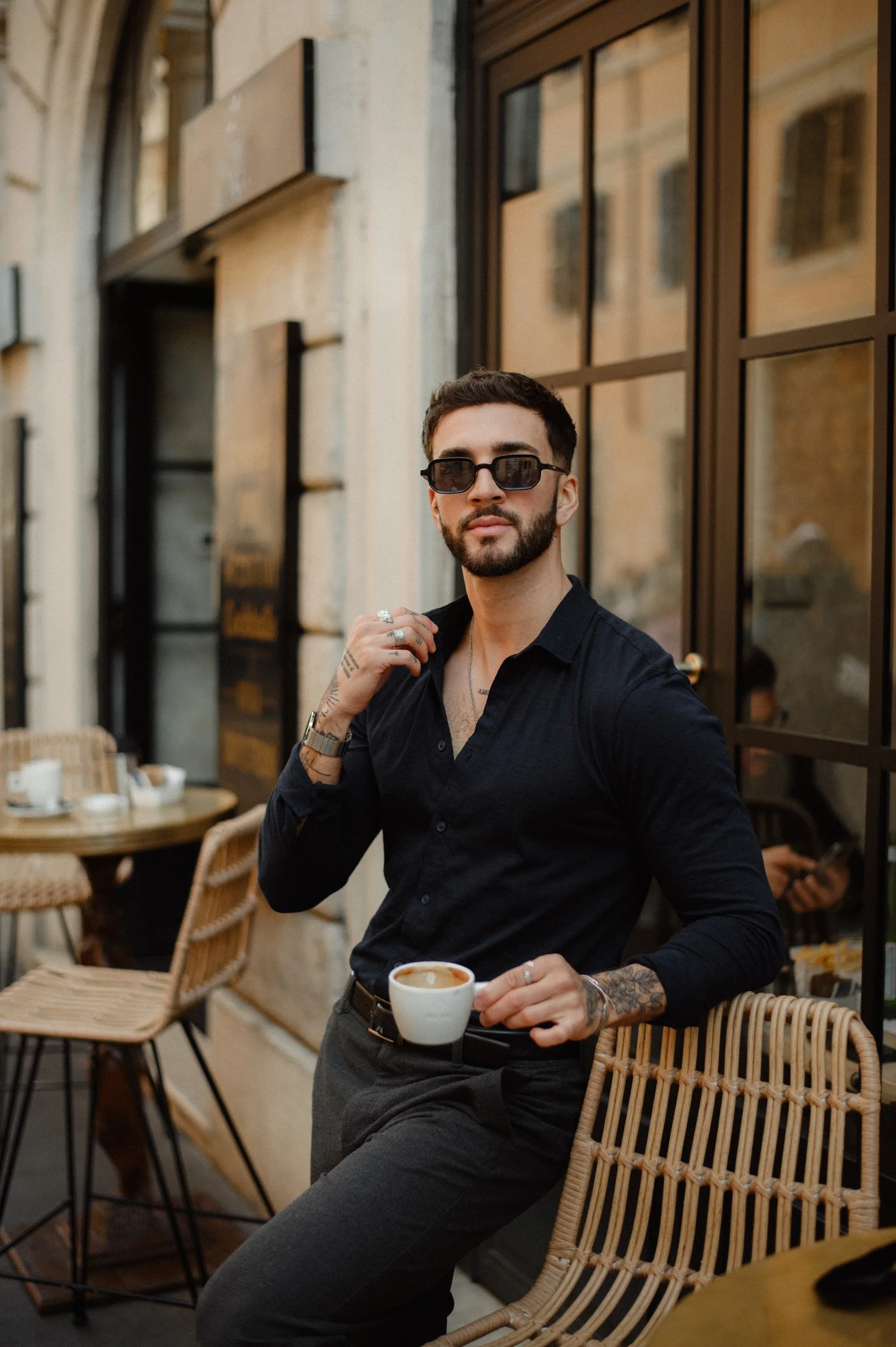 Candid moment during a Rome photoshoot capturing coffee culture and slow Italian lifestyle