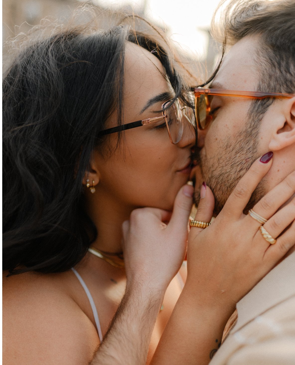 Couple kissing at sunrise in Rome, intimate romantic photoshoot