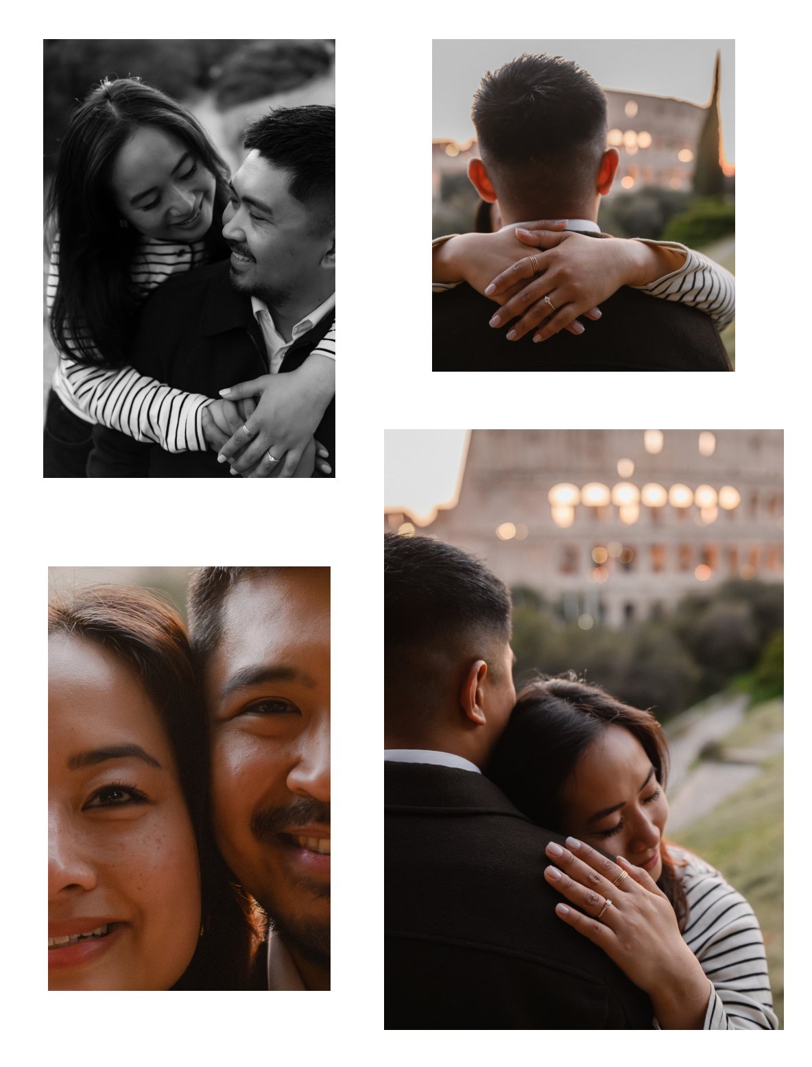 couple engagement Rome surprise proposal photographer romantic moment Italy sunset Colosseum