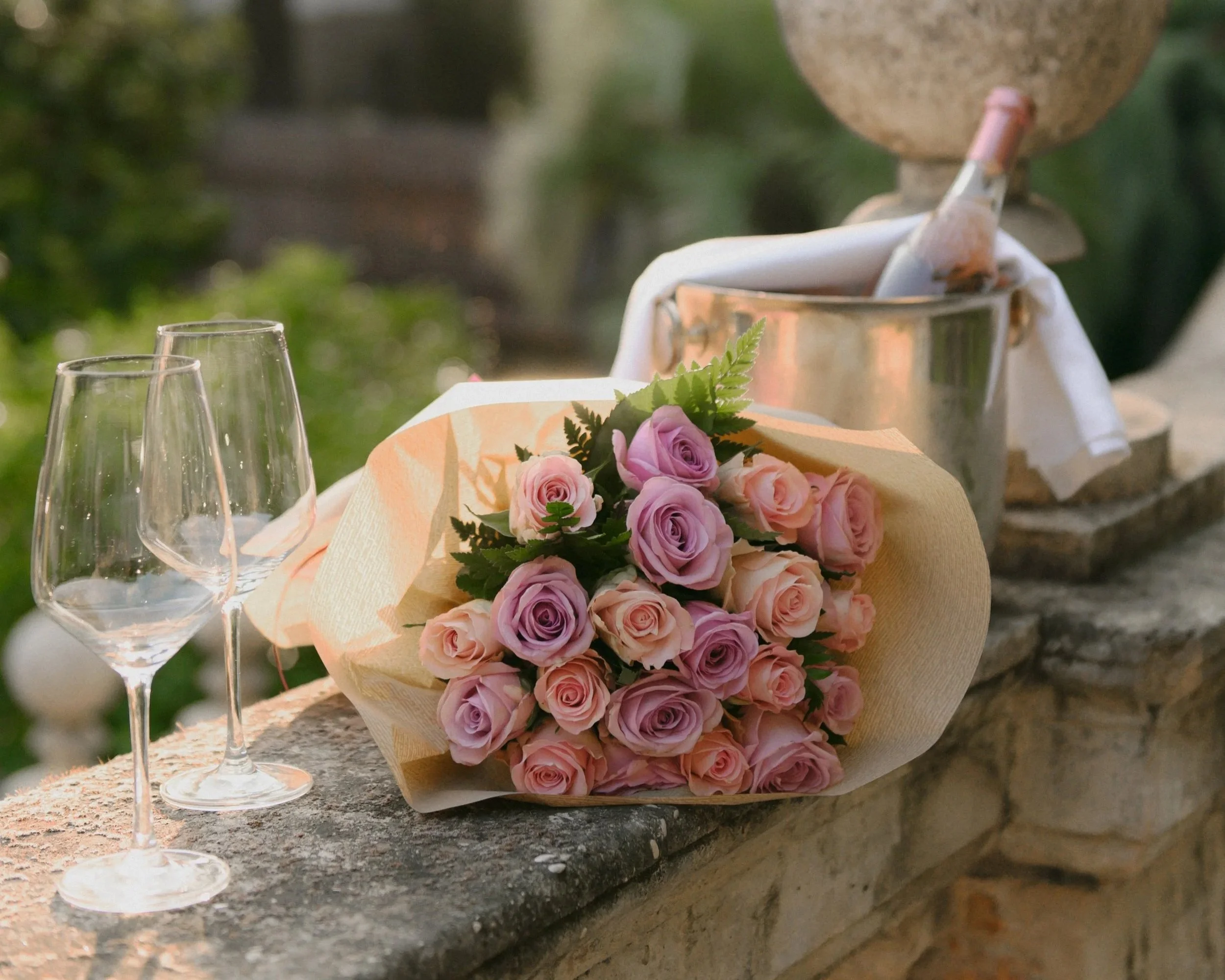 Bouquet and engagement ring after a surprise proposal photoshoot in Rome