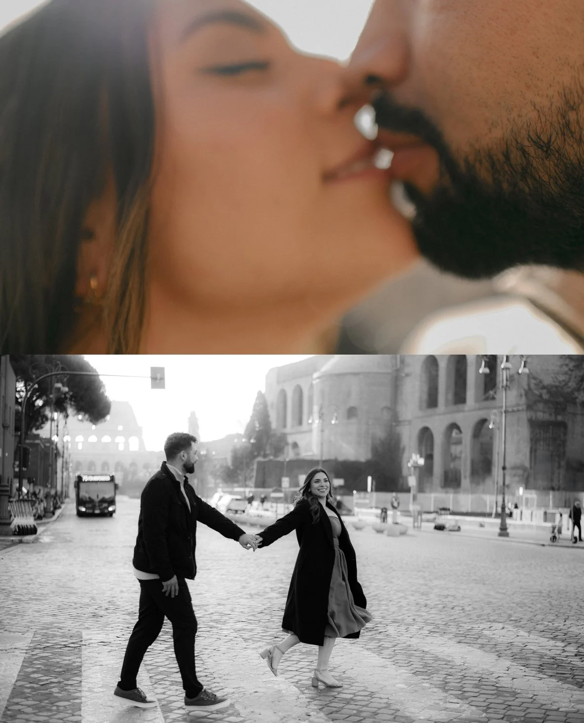 A close-up of a couple about to kiss, with the woman smiling while holding hands with a man, walking in an urban area with historic buildings.