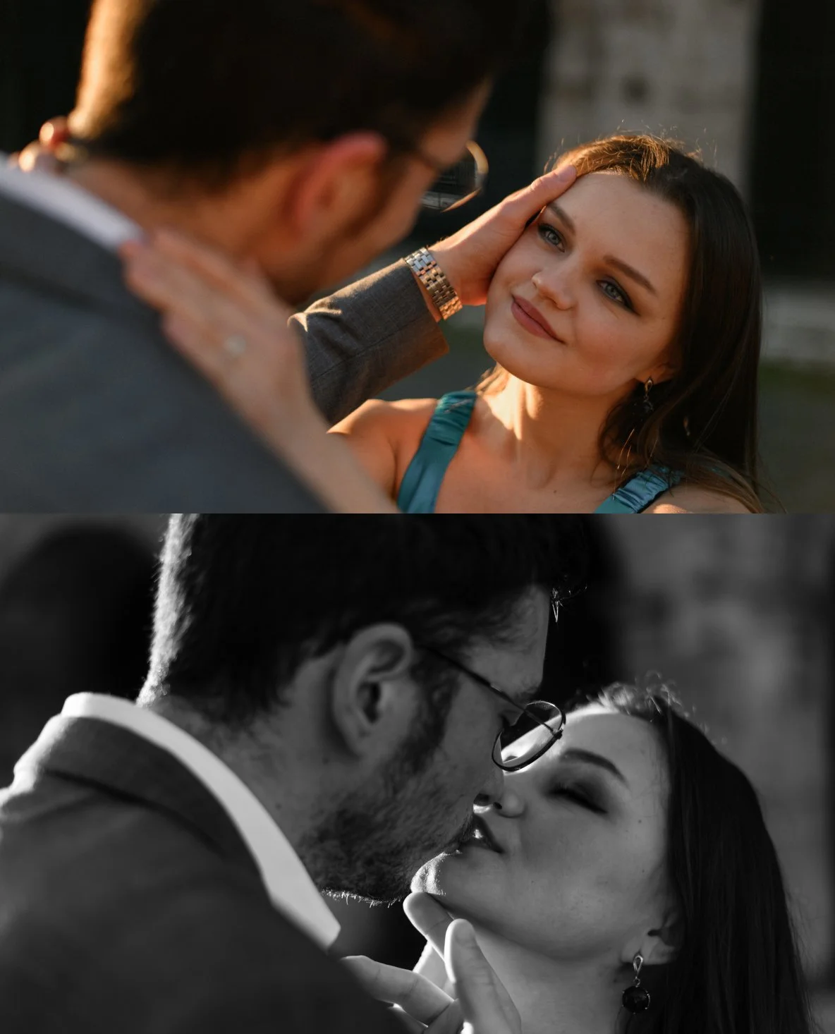 A couple sharing a romantic moment, with the top image in color showing the woman smiling as the man gently touches her face, and the bottom image in black and white showing them about to kiss, with the man holding the woman's chin.