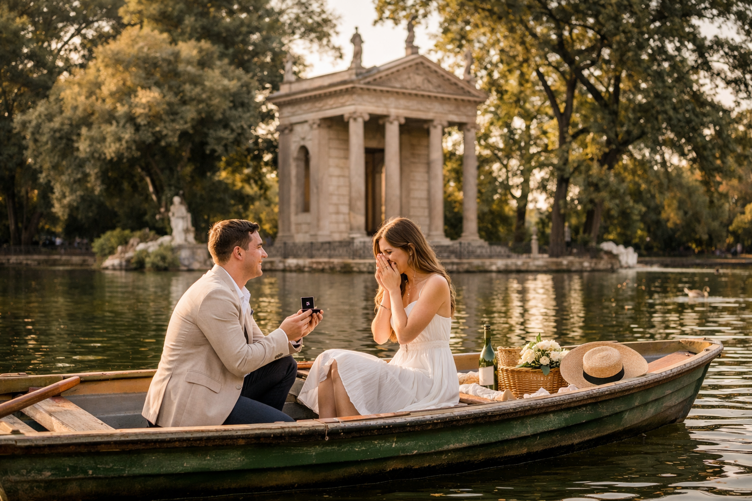 Romantic proposal in Rome captured by a photographer at Villa Borghese lake